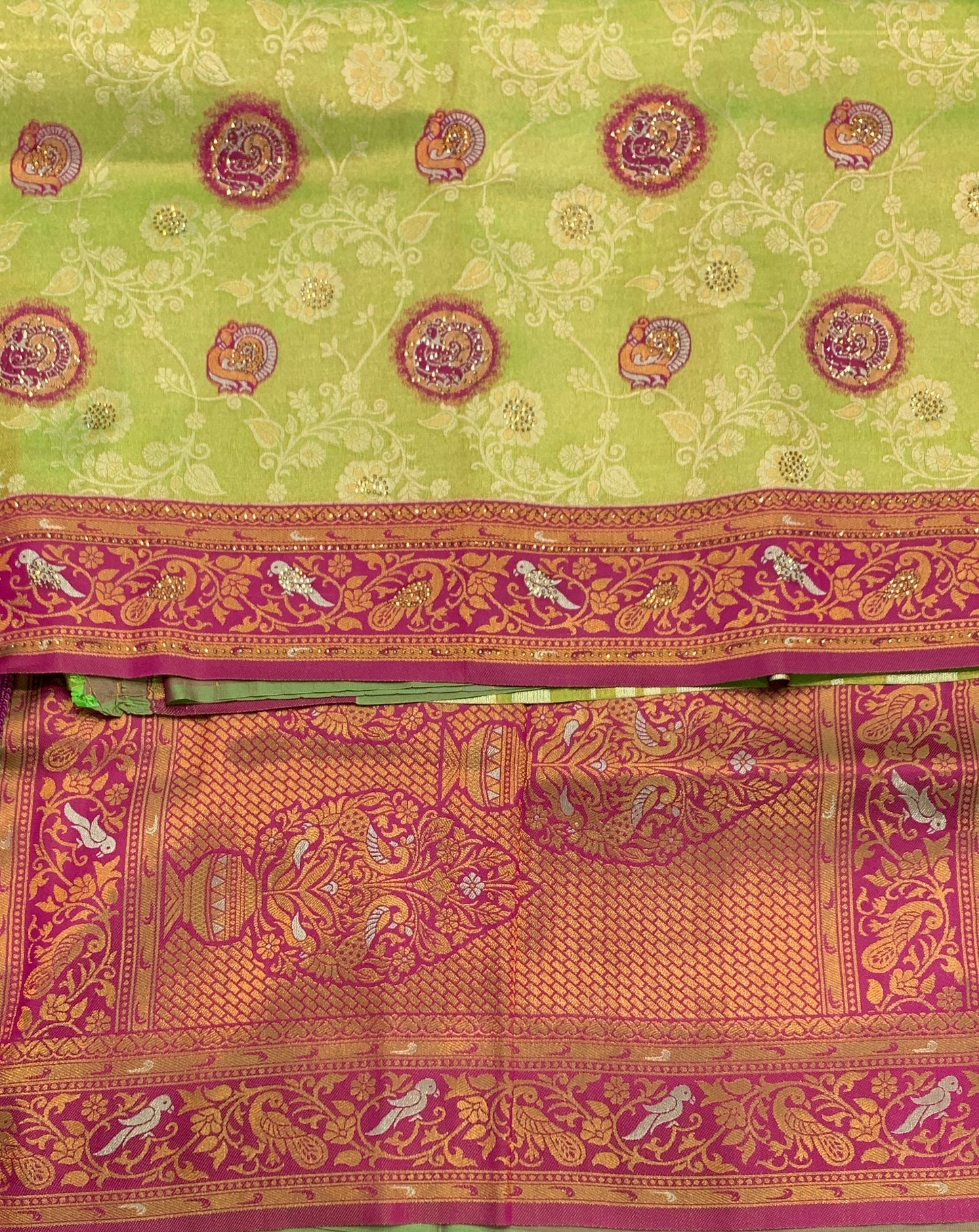 Fancy Tissue Saree Olive Green Colour with Magenta Border