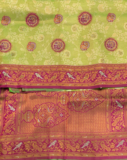 Fancy Tissue Saree Olive Green Colour with Magenta Border