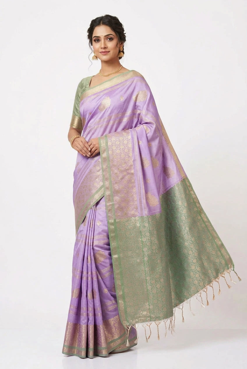 Art Silk Saree Lavender Colour with Sliver Zari Border