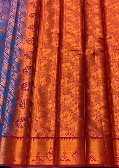 Vegan Silk Saree Sky Blue Colour with Pink and Copper Border