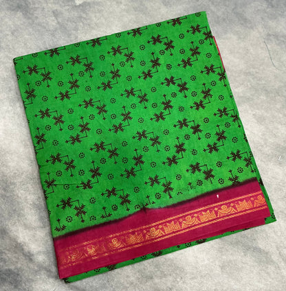 Chettinad Sungudi Cotton Light Green Colour with Maroon Colour Border
