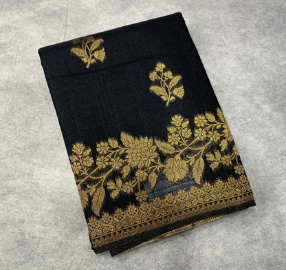 Kora Silk Saree Block Colour with Flower Design Border