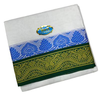 9X5 Cotton Dhoti White with Green and Pink Ganga Jamuna Border