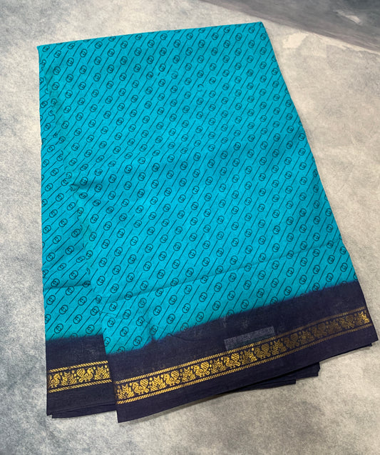 9 yards Cotton Saree Rama Green Colour with Navy Blue Border