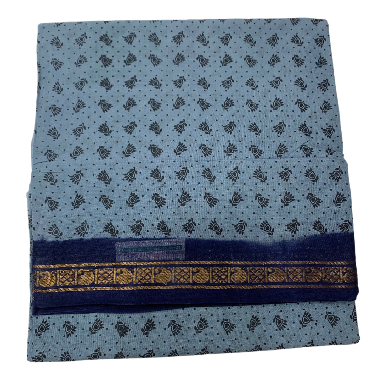 9 yards Cotton Saree Gray with Navy Blue Border