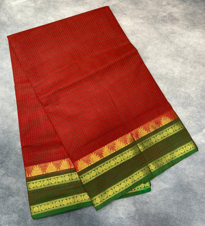 Chettinad Cotton Saree Red Colour with Rettai Pettu Border