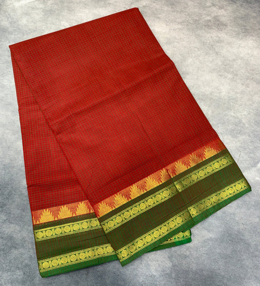 Chettinad Cotton Saree Red Colour with Rettai Pettu Border