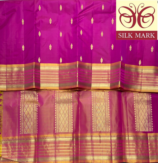 Pure Kanchipuram Silk Magenta Pink Colour with Golden and Russet Border