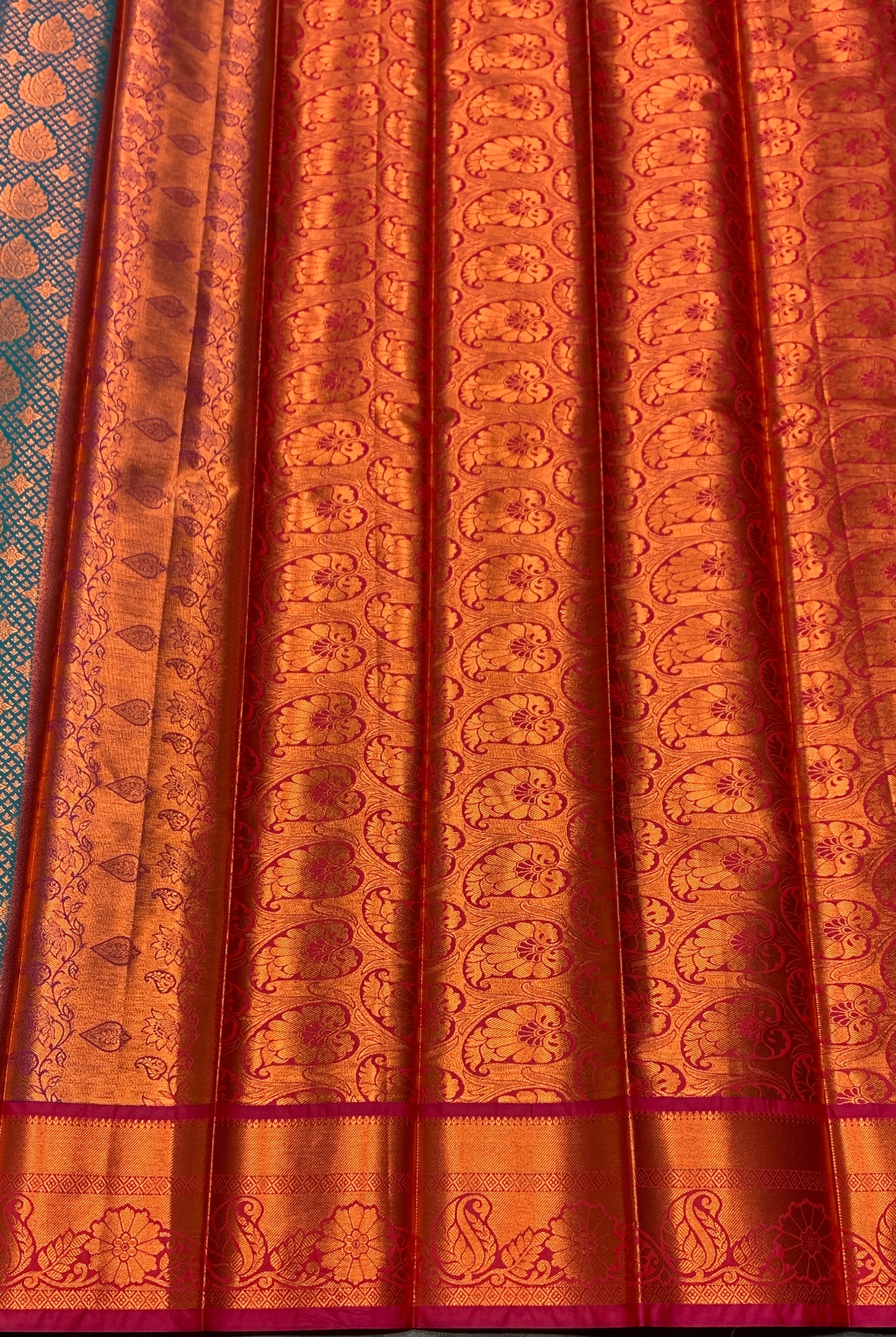 Vegan Silk Saree Peacock Green Colour with Pink and Copper Border