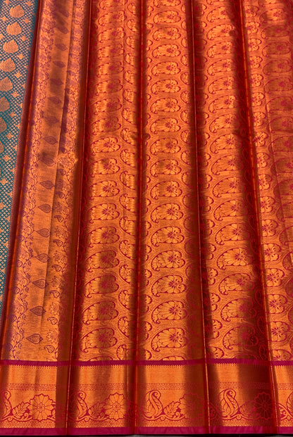 Vegan Silk Saree Peacock Green Colour with Pink and Copper Border