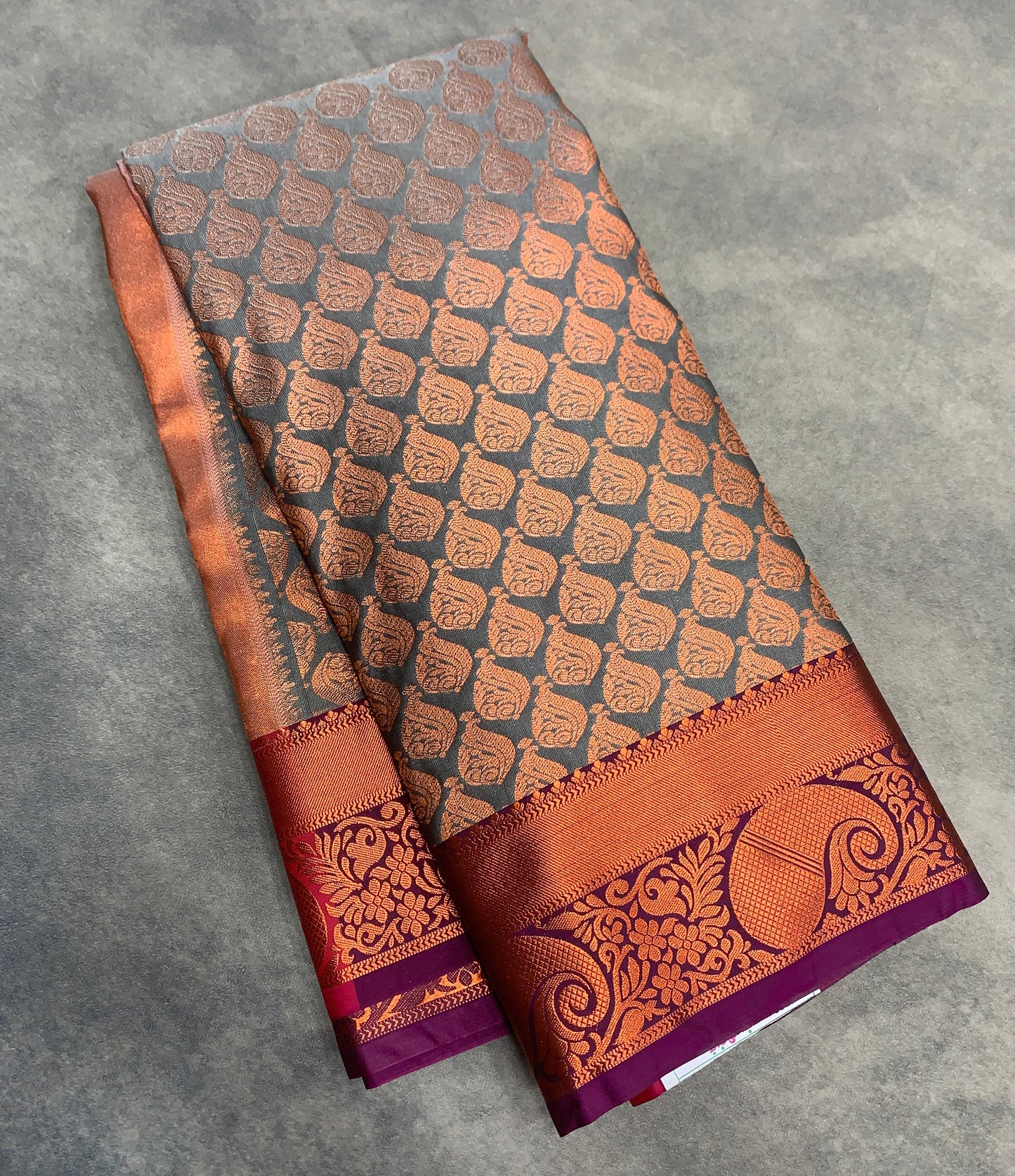 Vegan Silk Saree Greyish Brown Colour Saree with Copper Paisly Mango Motifs