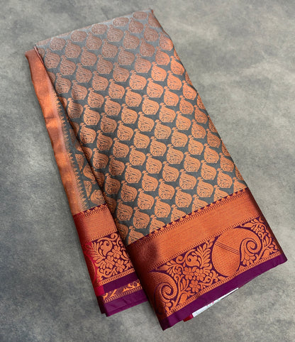 Vegan Silk Saree Greyish Brown Colour Saree with Copper Paisly Mango Motifs