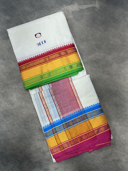 10X6 Cotton Dhoti White Colour with Yellow,Red and LightGreen Border