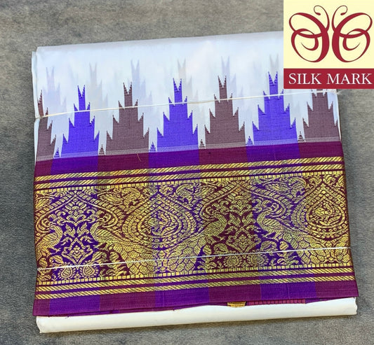 6 Mulam Silk Pooja Towel White Colour with Ganga Jamuna Korvai Border( Pre Order Available)