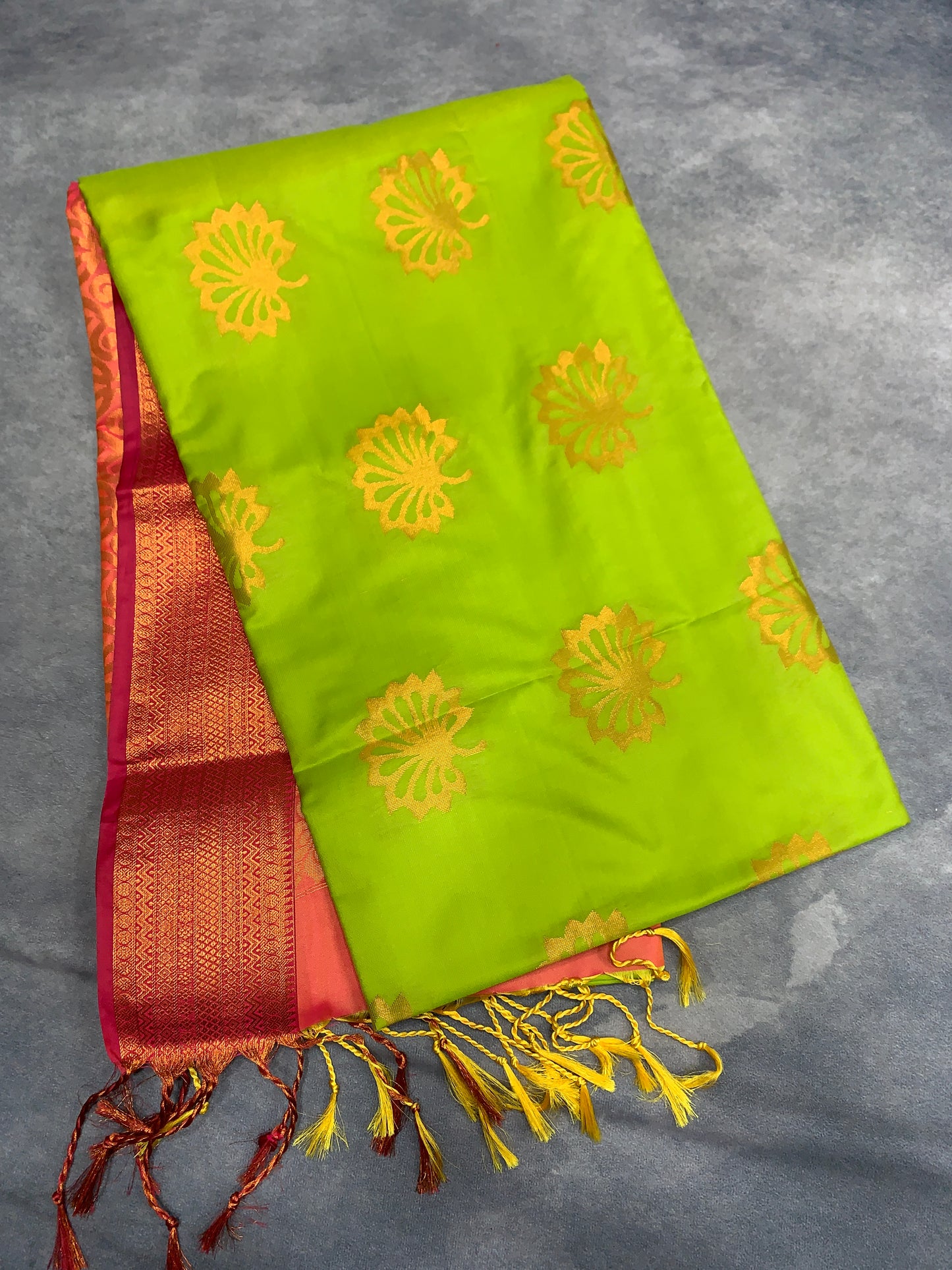 Soft Vegan Silk Saree Light Green Colour with Peach and Copper Border