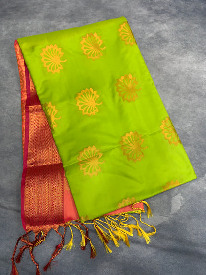Soft Vegan Silk Saree Light Green Colour with Peach and Copper Border