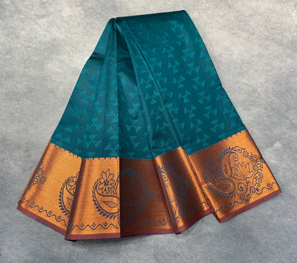 Synthetic Cotton Saree Rama Green Colour with Copper Floral and Mango Design Border