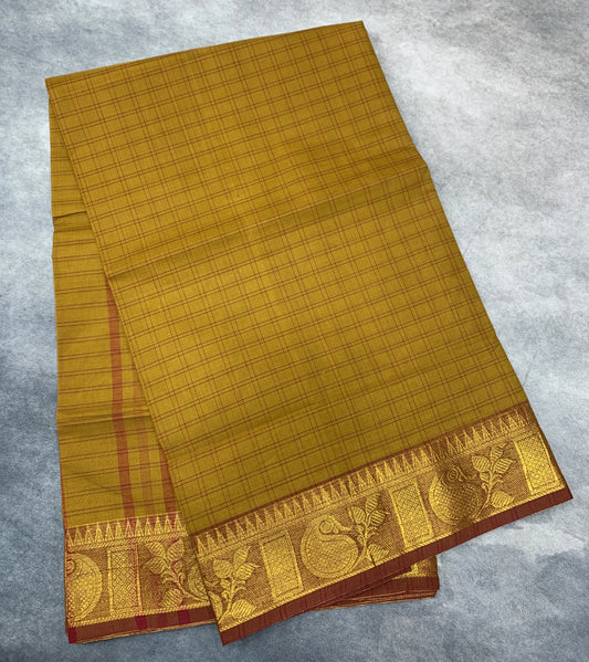 Chettinad Cotton Saree Mustard Colour with Maroon Border