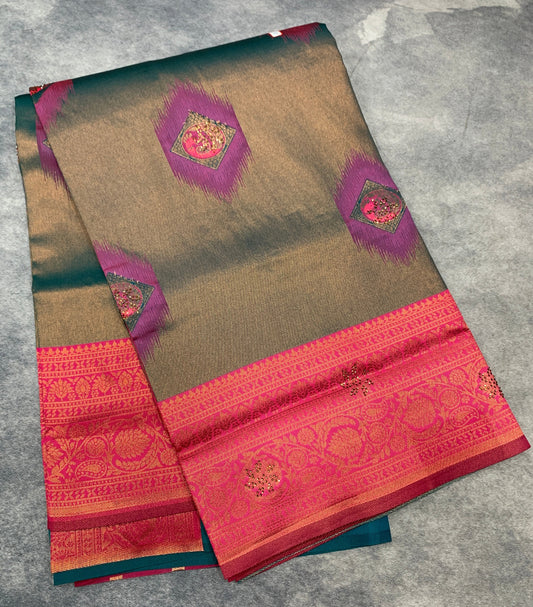 Art Silk Saree Greenish Pink Colour and Stone Work with Baby Pink Border