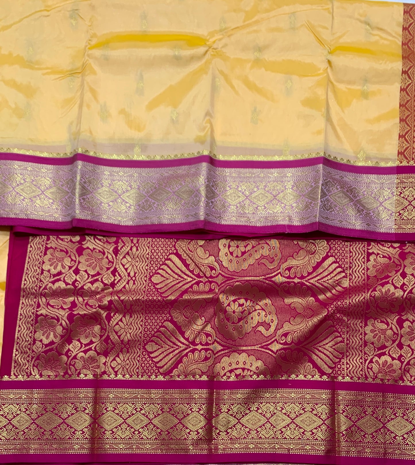 Light Yellow Shade Saree with Golden and Pink Border