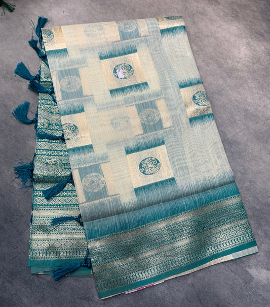 Banaras Katan Saree Off White Colour with Sapphire Katan Work Border