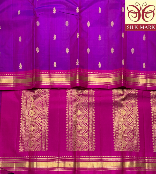Pure Kanchipuram Silk Magenta Colour with Pink and Golden Zari Border