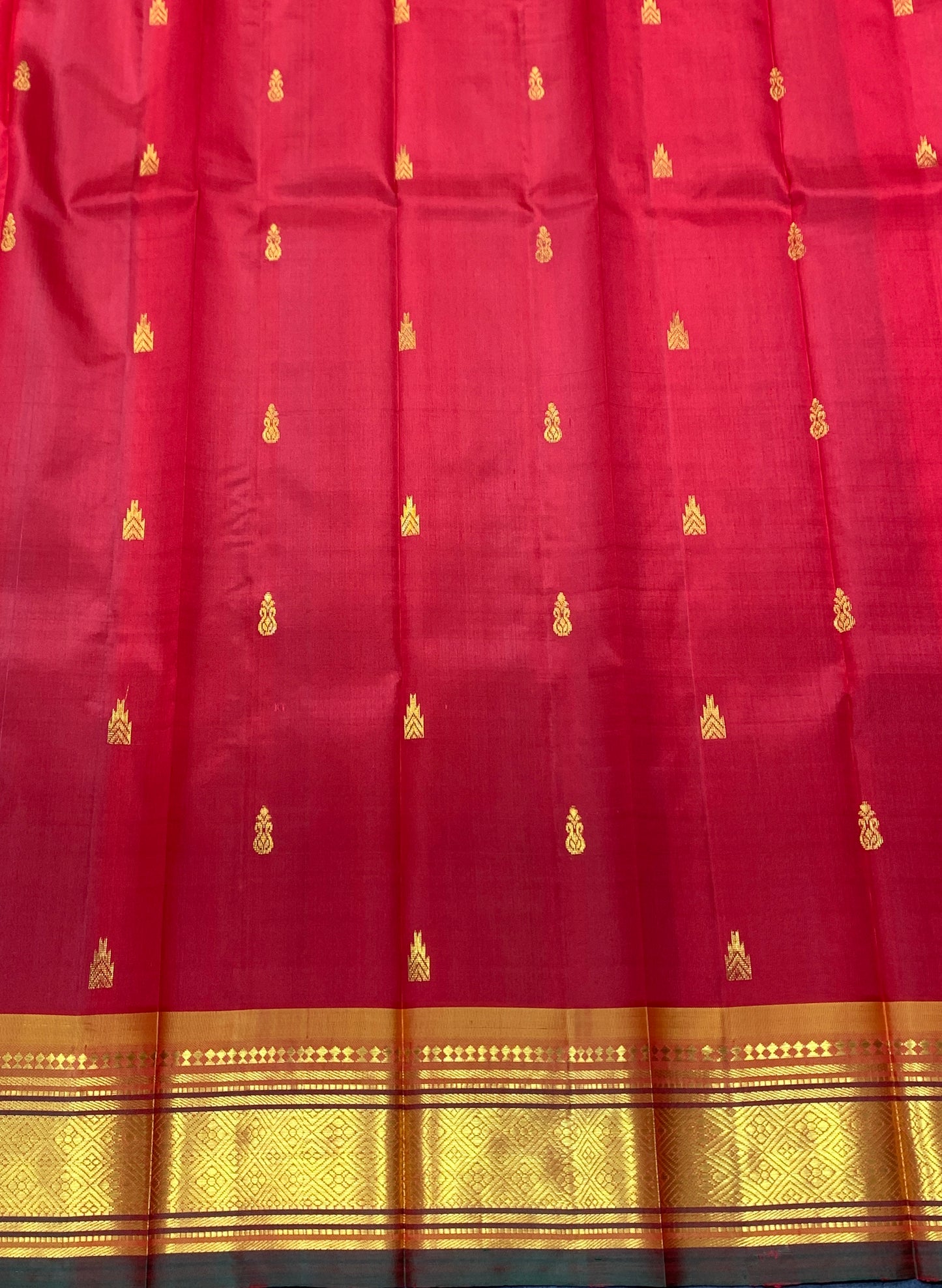 Pure Kanchipuram Silk Saree Red Colour with Green and Gold Zari Border