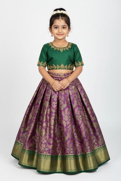 Lavender Shade Vegan Silk Kids Pattu Pavadai with Contrast Border for age 2 to 5