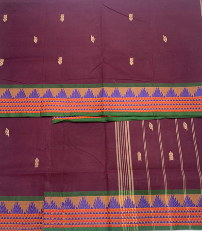 Chettinad Cotton Saree Dark Purple Shade with Green Border