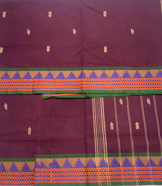 Chettinad Cotton Saree Dark Purple Shade with Green Border