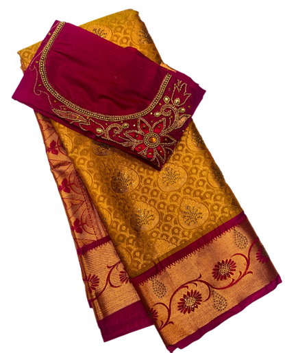 Bridal Vegan Silk Saree Mustard shade with Pink Border with Unstitched blouse in Aari work