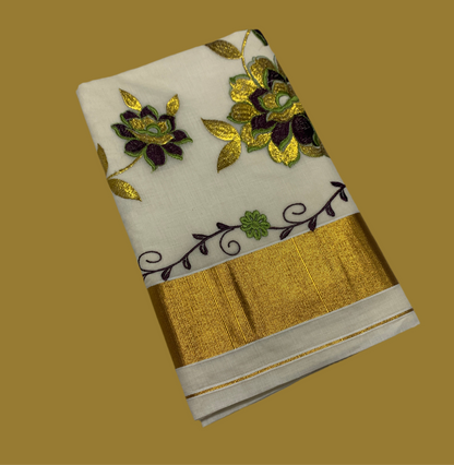 Kerala Cotton Saree Cream Colour with Zari Border