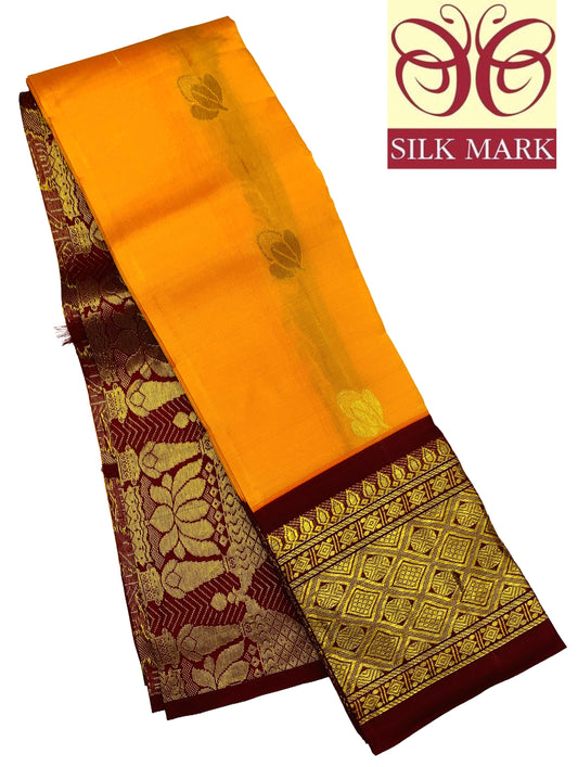 Pure Kanchipuram Silk Saree Mango Yellow Colour with Maroon and Gold Zari Border