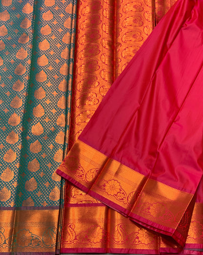 Vegan Silk Saree Peacock Green Colour with Pink and Copper Border