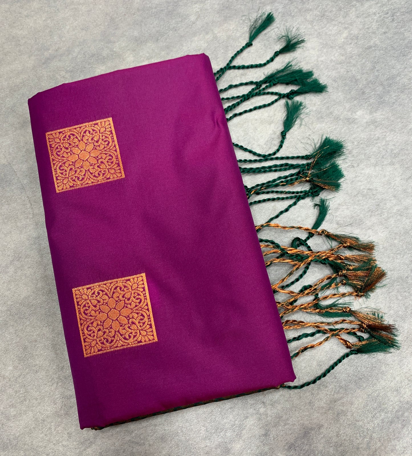 Soft Vegan Silk Saree Magenta Colour with Green and Copper Border