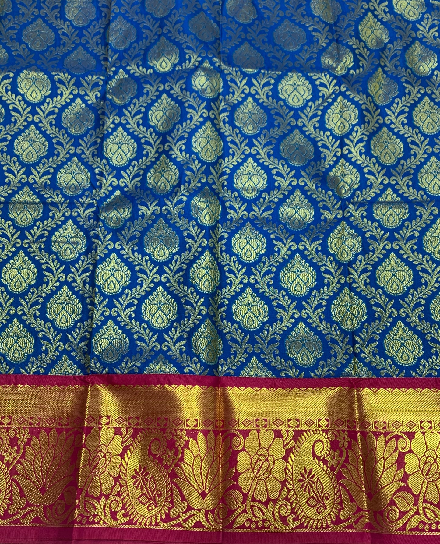 Blue shade Vegan Silk Kids Pattu Pavadai with contrast border for age 5 to 10