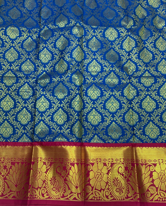 Blue shade Vegan Silk Kids Pattu Pavadai with contrast border for age 5 to 10