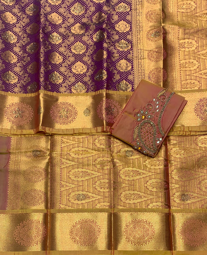 Bridal Vegan Silk Saree Beetroot Pink shade with Golden Yellow Border with Unstitched blouse in Aari Work