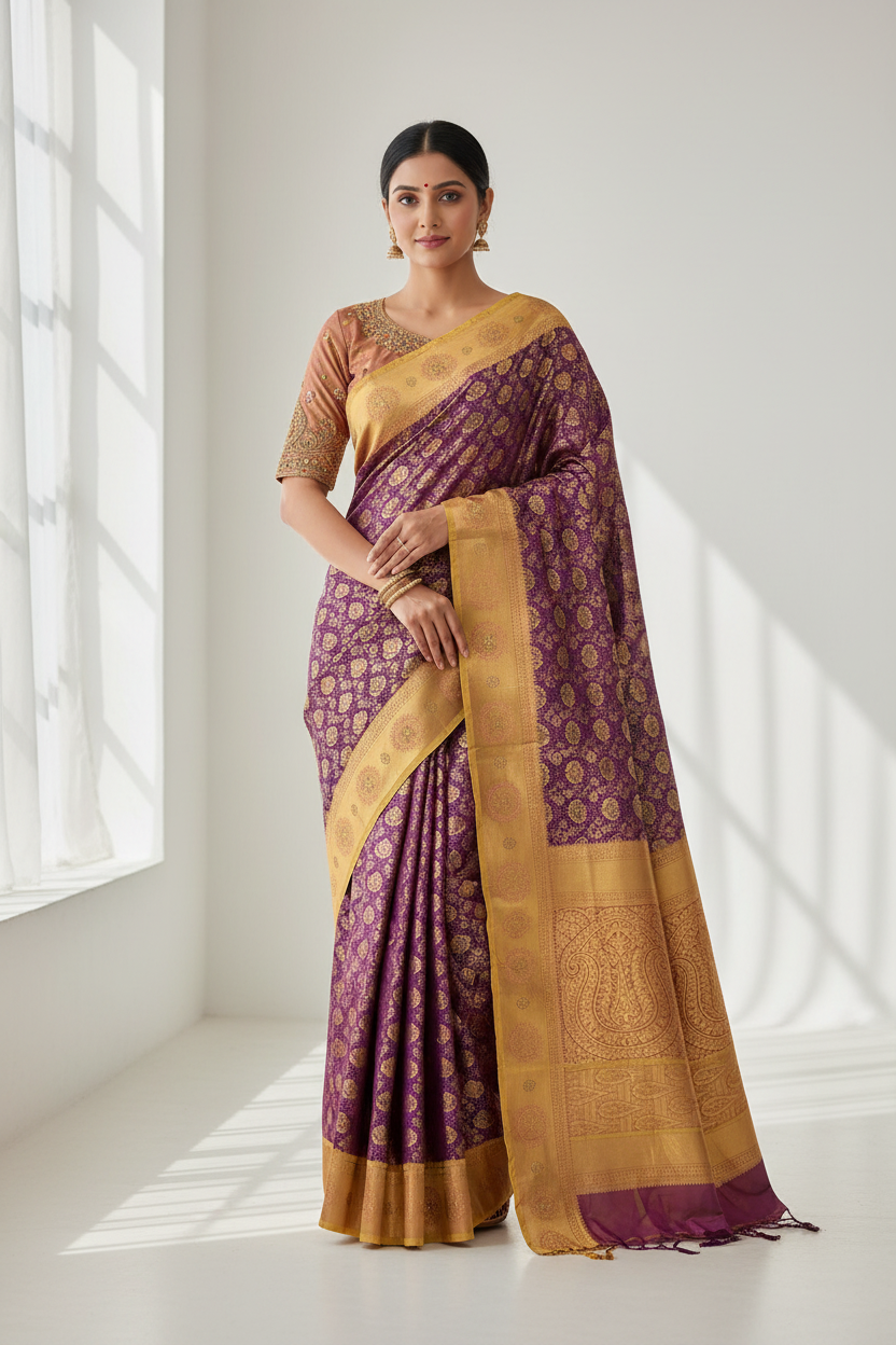 Bridal Vegan Silk Saree Beetroot Pink shade with Golden Yellow Border with Unstitched blouse in Aari Work