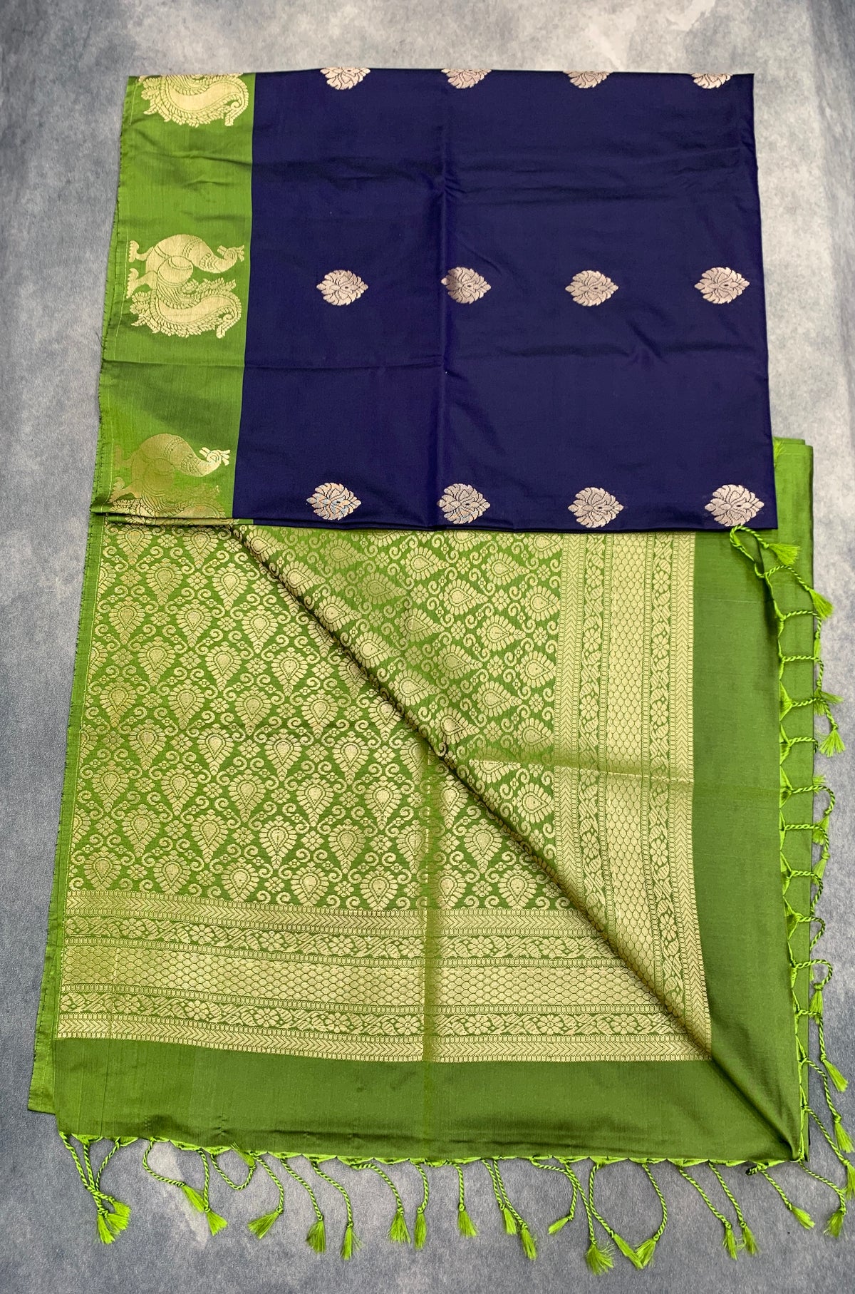 Art Silk Saree Navy Blue Colour with Olive Green Colour Border