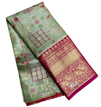 Light Pista Green Shade Vegan Silk Kids Pattu Pavadai with Contrast Border for Newborn to 2 Years