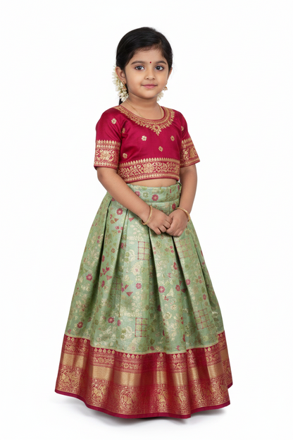Light Pista Green Shade Vegan Silk Kids Pattu Pavadai with Contrast Border for Newborn to 2 Years