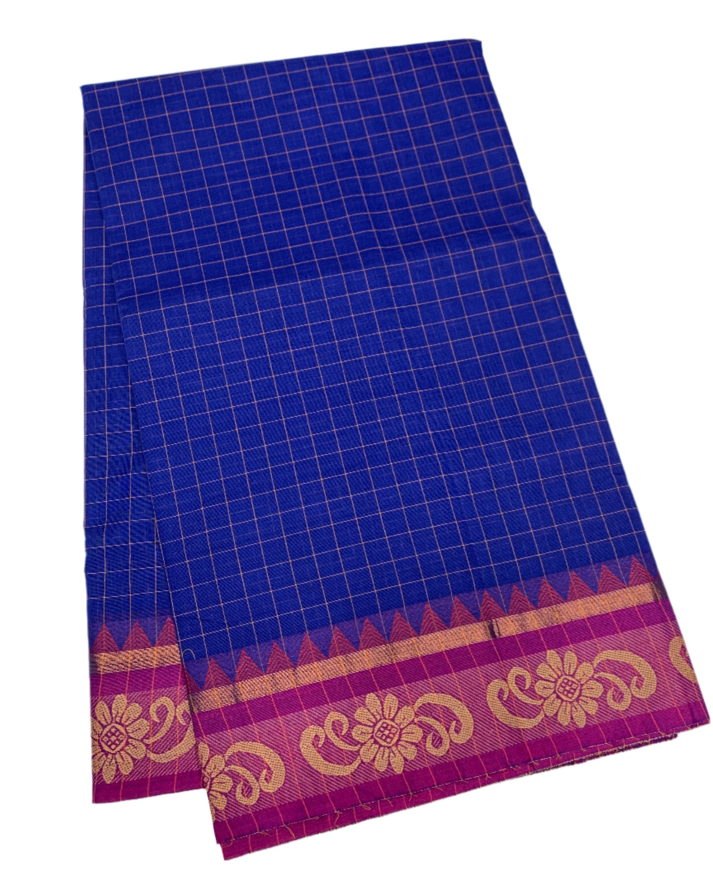 Chettinad Cotton Saree Blue with Pink and Flower Design Border