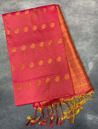 Soft Vegan Silk Saree Goldish Pink Colour with Pink and Copper Border
