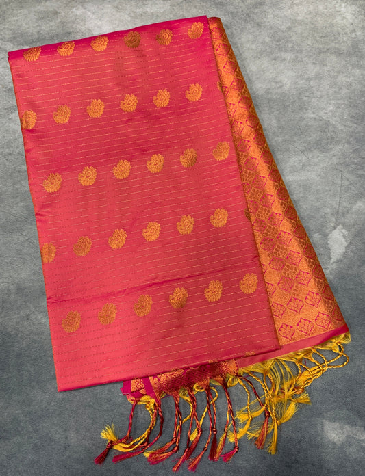 Soft Vegan Silk Saree Goldish Pink Colour with Pink and Copper Border