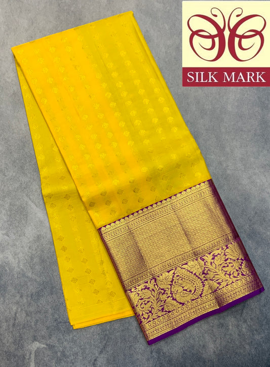 Yellow Shade Pure Kanchipuram Kids Pattu Pavadai with Contrast Border for Age Above 10 Years