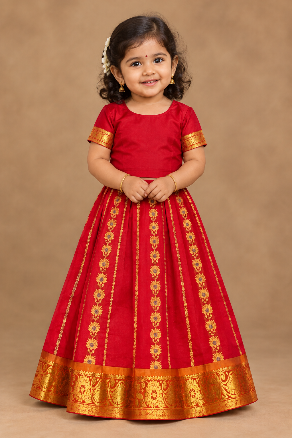 Red Shade Semi Silk Kids Pattu Pavadai with Contrast border for Age 2 to 5 Years