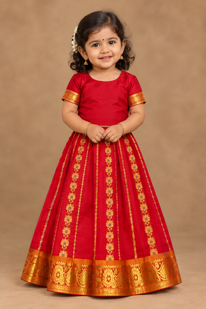 Red Shade Semi Silk Kids Pattu Pavadai with Contrast border for Age 2 to 5 Years