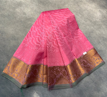 Synthetic Cotton Saree Baby Pink Colour with Golden Floral Design Border