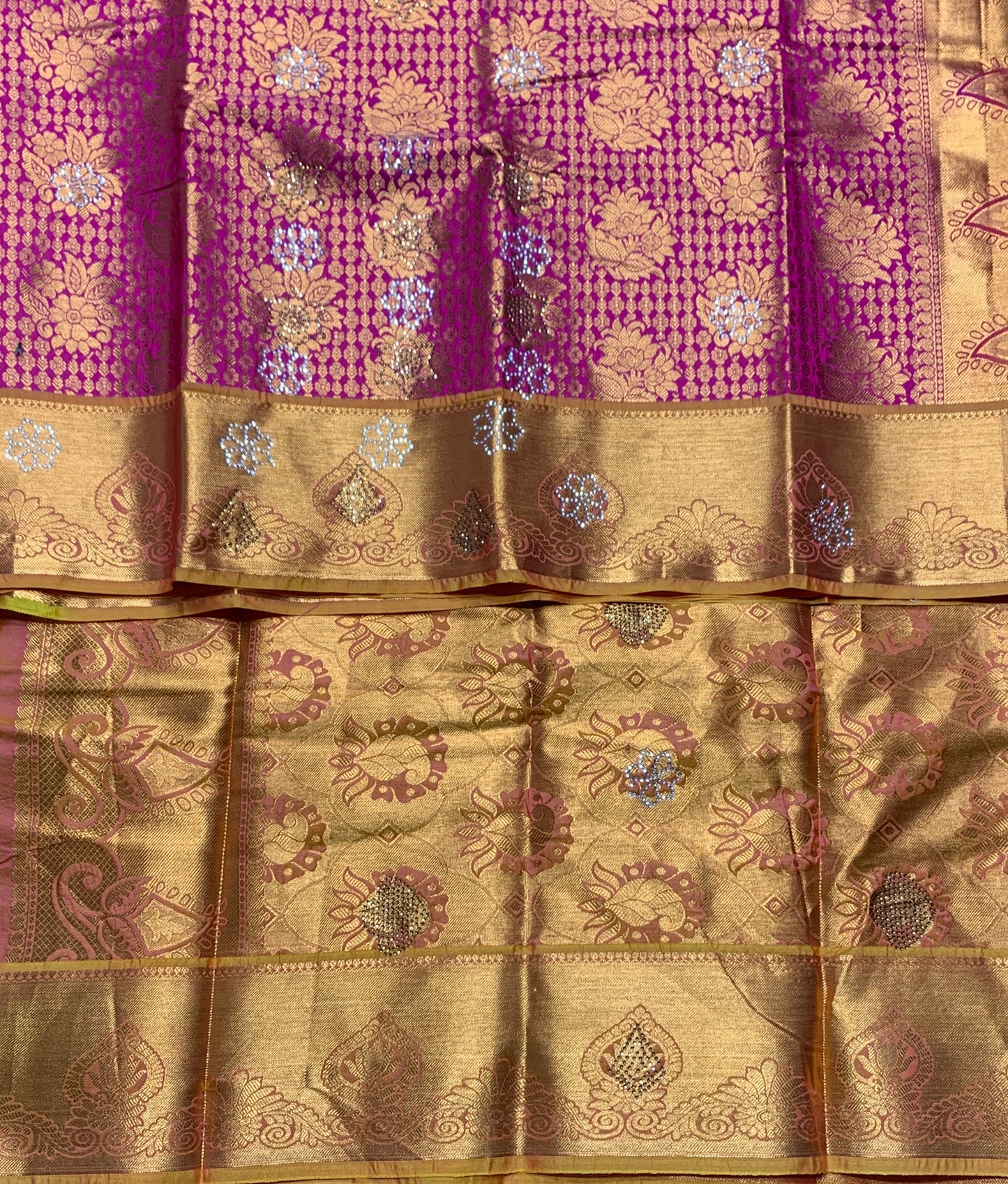 Vegan Silk Saree Pink Colour with Copper and Golden Yellow Border